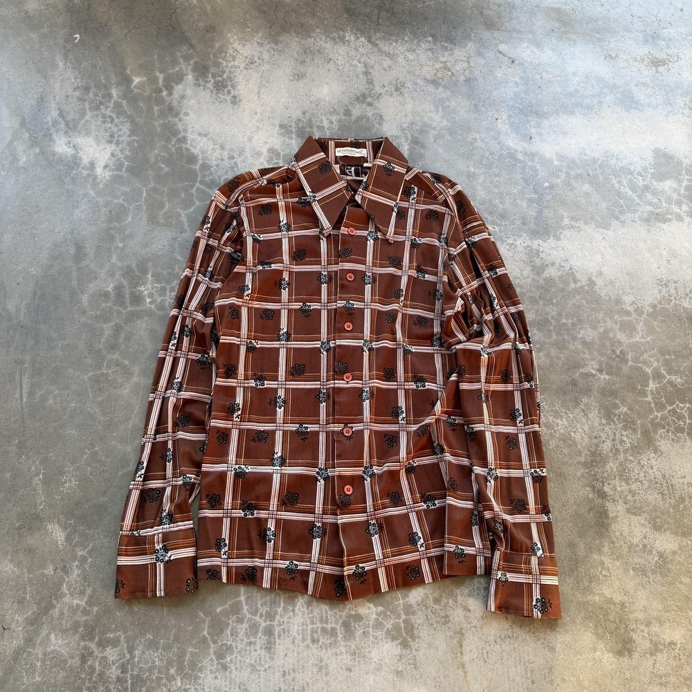 Vintage Ultrashirt II Shirt Mens XL Brown Plaid Nylon Big Collar Disco 70s